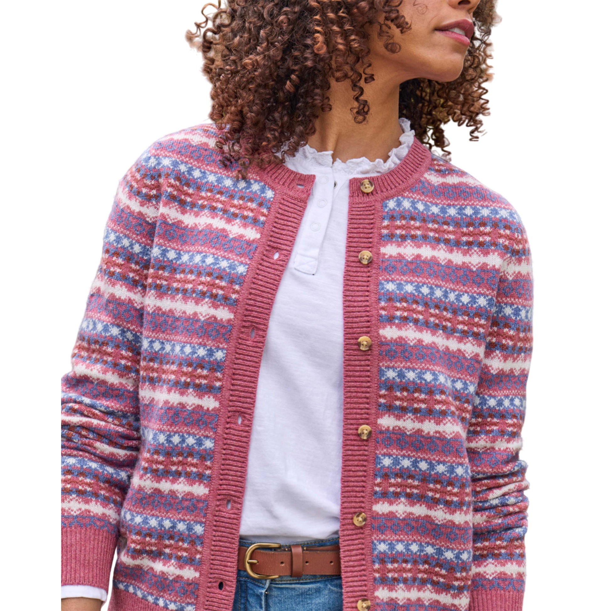 Multicoloured - Side - WoolOvers Womens-Ladies Fair Isle Crew Neck Cardigan