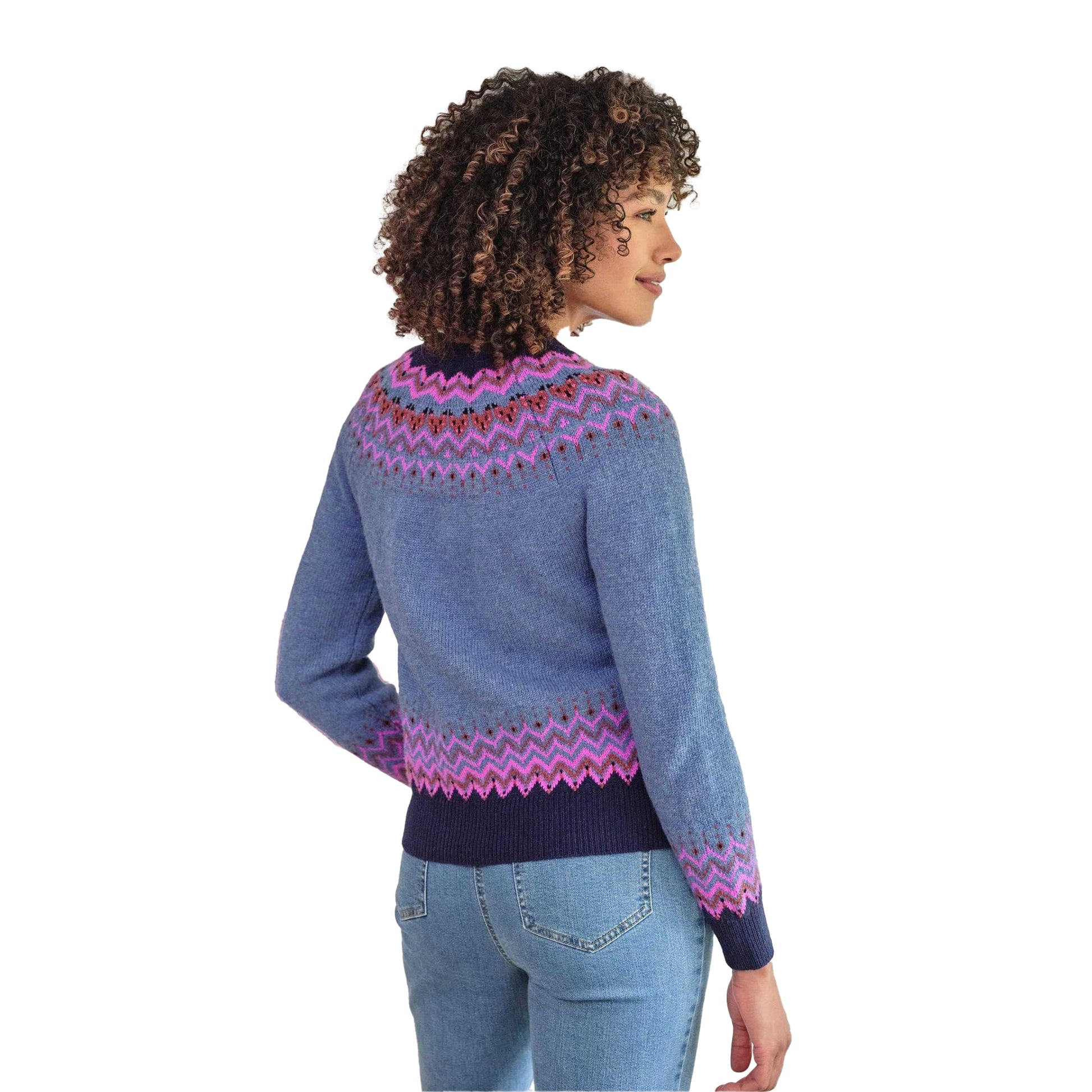 Denim-Multicoloured - Back - WoolOvers Womens-Ladies Nordic Yoke Fair Isle Cardigan
