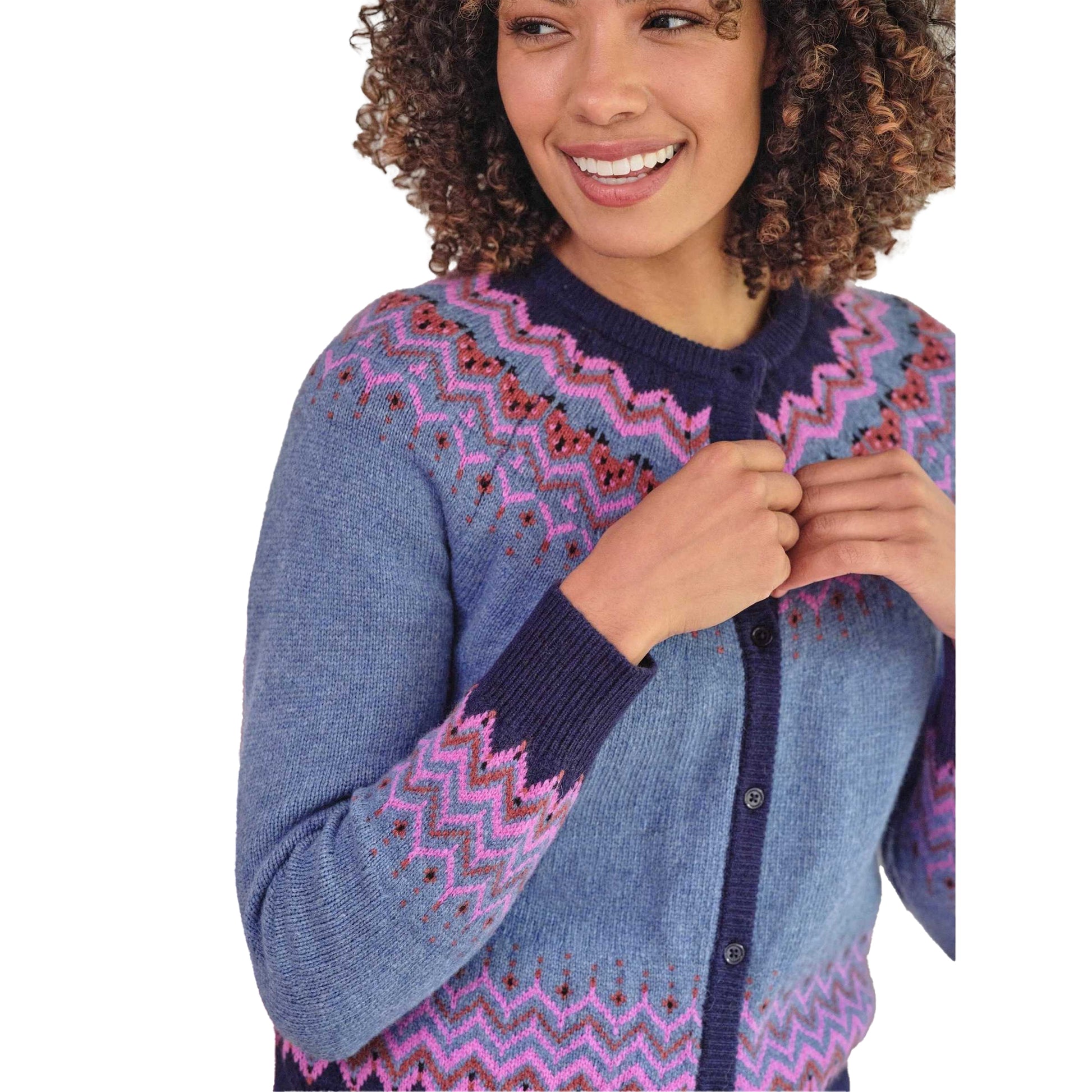 Denim-Multicoloured - Side - WoolOvers Womens-Ladies Nordic Yoke Fair Isle Cardigan