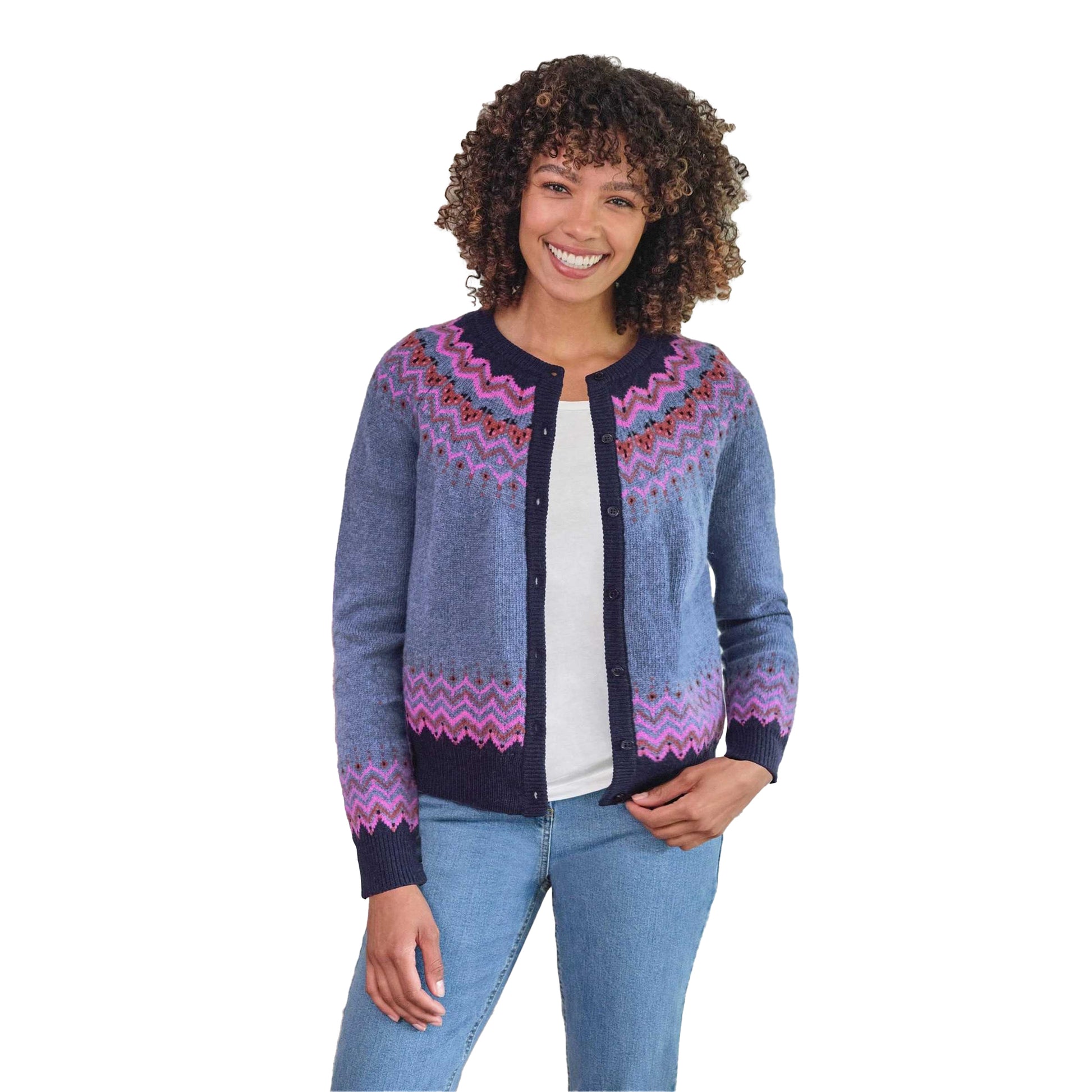 Denim-Multicoloured - Front - WoolOvers Womens-Ladies Nordic Yoke Fair Isle Cardigan