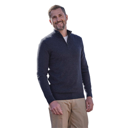 Navy - Front - WoolOvers Mens Cashmere Zip Neck Jumper