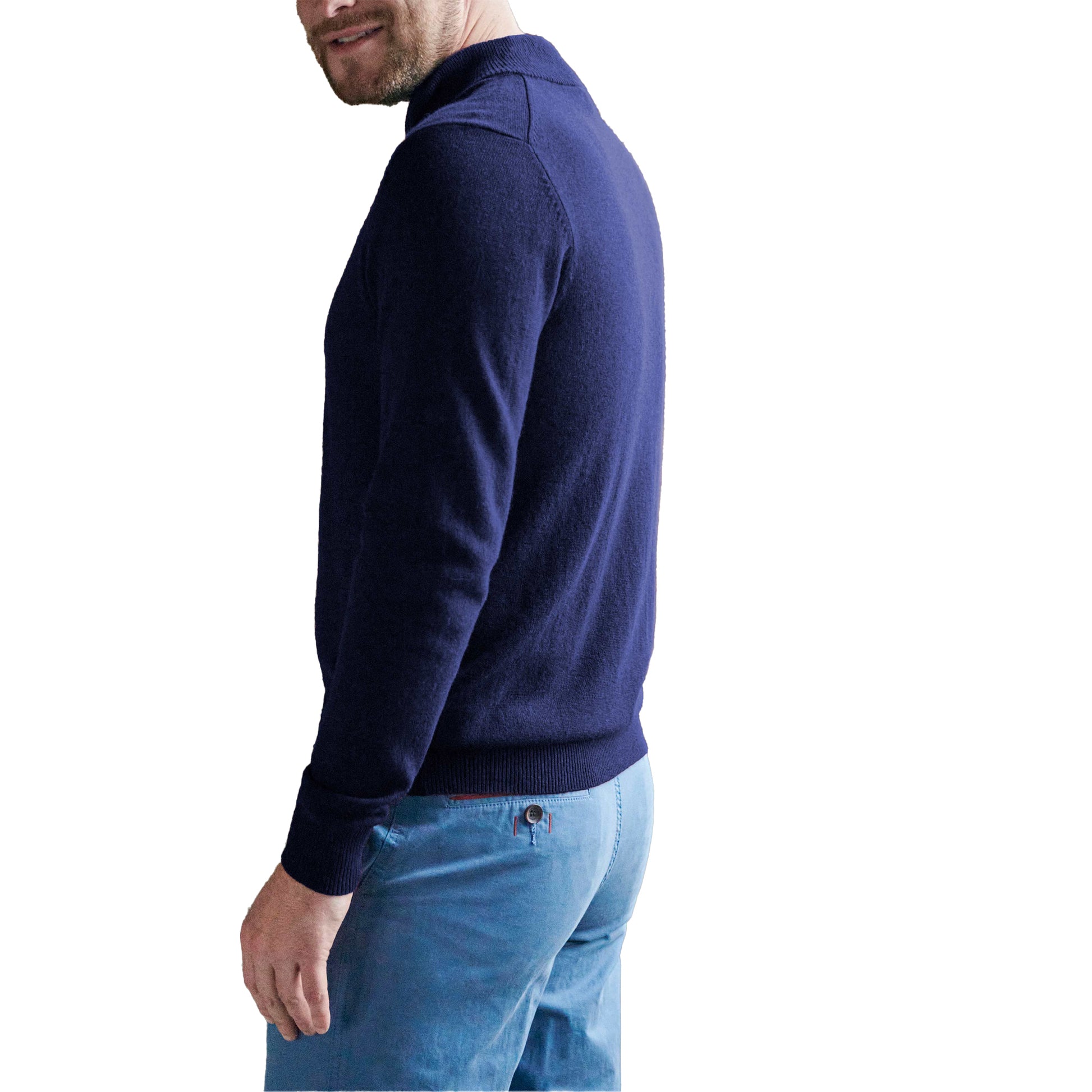 Navy - Back - WoolOvers Mens Cashmere Zip Neck Jumper