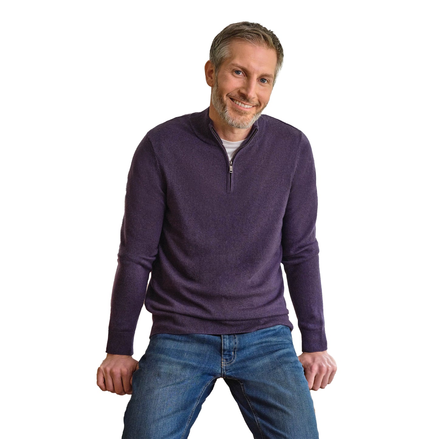 Purple - Front - WoolOvers Mens Cashmere Zip Neck Jumper