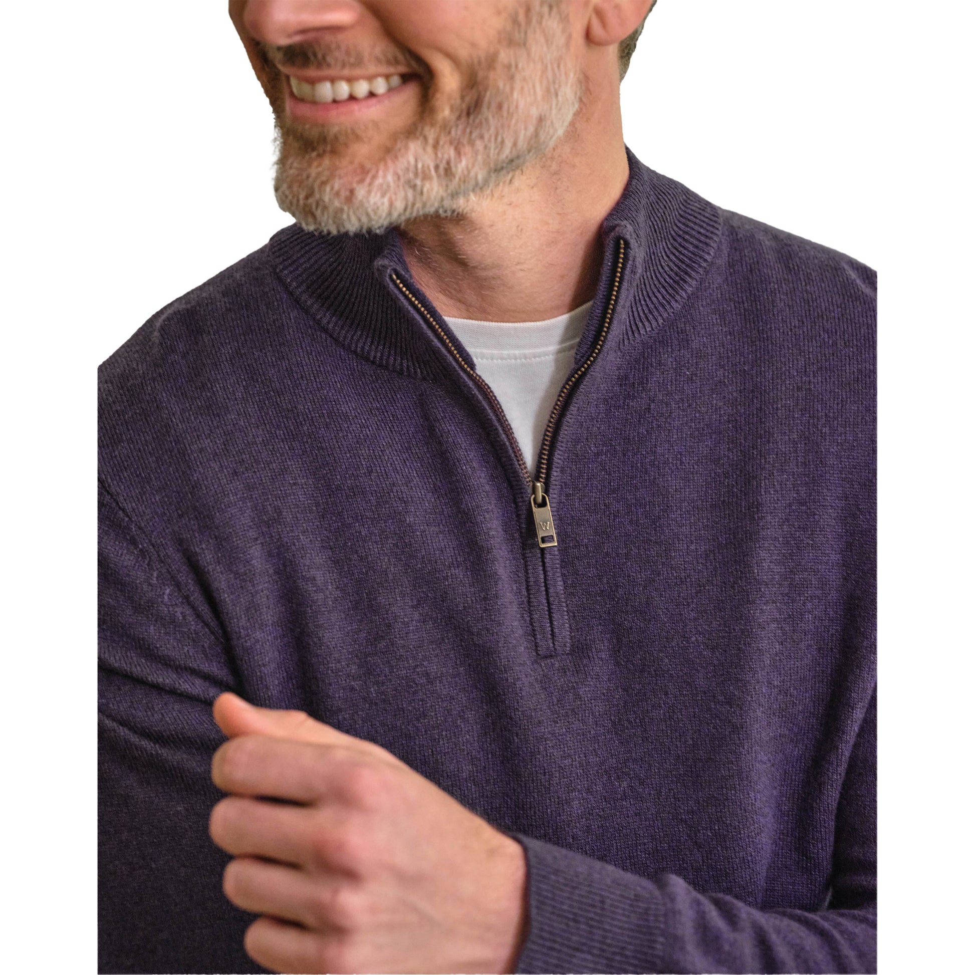 Purple - Side - WoolOvers Mens Cashmere Zip Neck Jumper