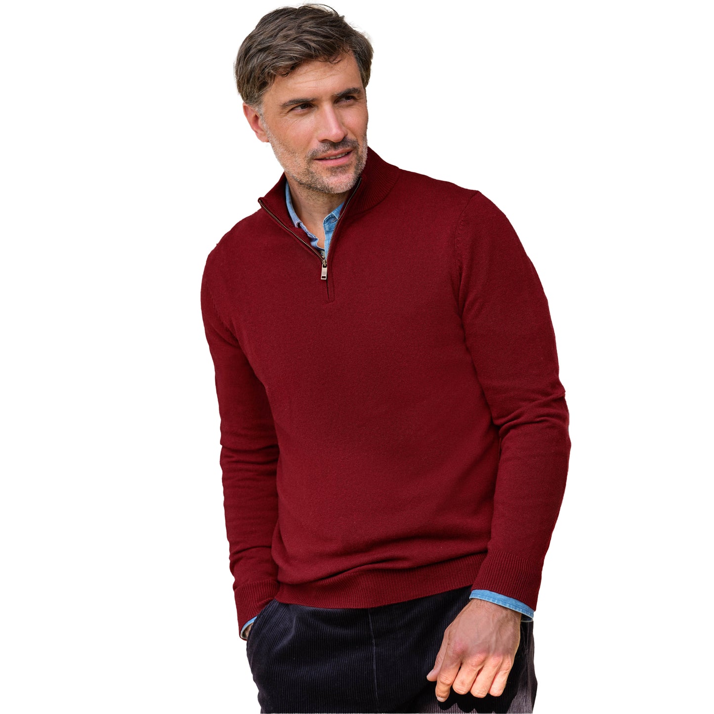 Windsor Wine - Front - WoolOvers Mens Cashmere Zip Neck Jumper