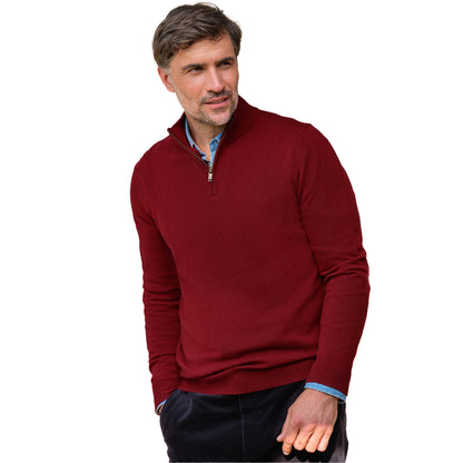 Windsor Wine - Front - WoolOvers Mens Cashmere Zip Neck Jumper