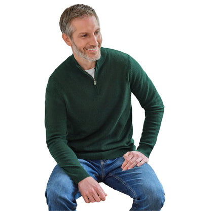 Dark Forest - Front - WoolOvers Mens Cashmere Zip Neck Jumper