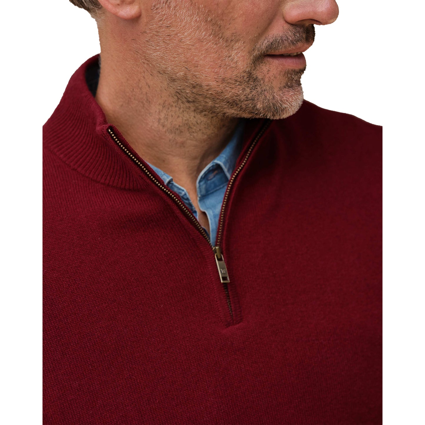 Windsor Wine - Side - WoolOvers Mens Cashmere Zip Neck Jumper
