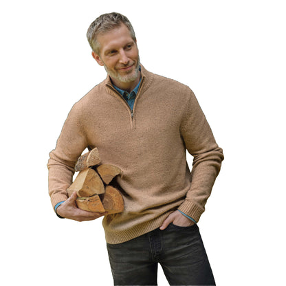 Flax - Front - WoolOvers Mens Cashmere Zip Neck Jumper
