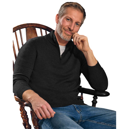 Black - Front - WoolOvers Mens Cashmere Zip Neck Jumper