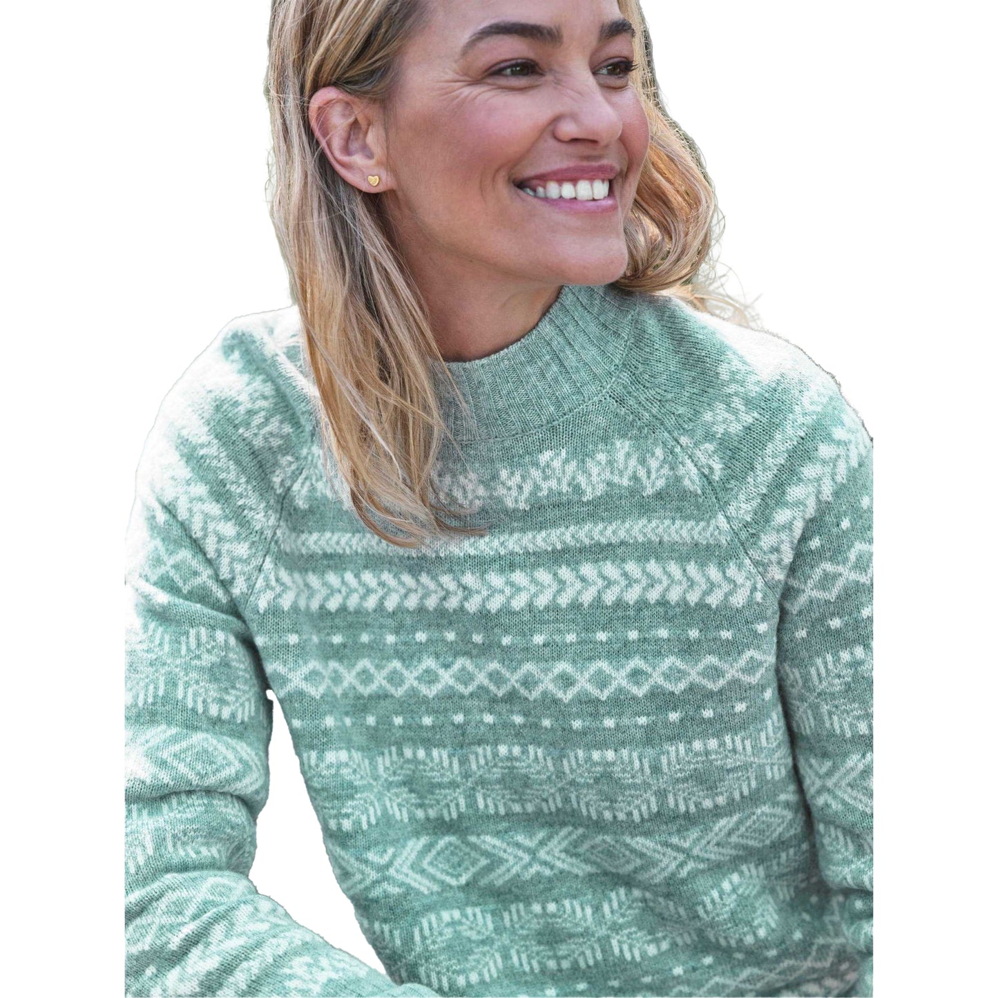 Sage-Cream - Side - WoolOvers Womens-Ladies Nordic Mono Fair Isle Jumper
