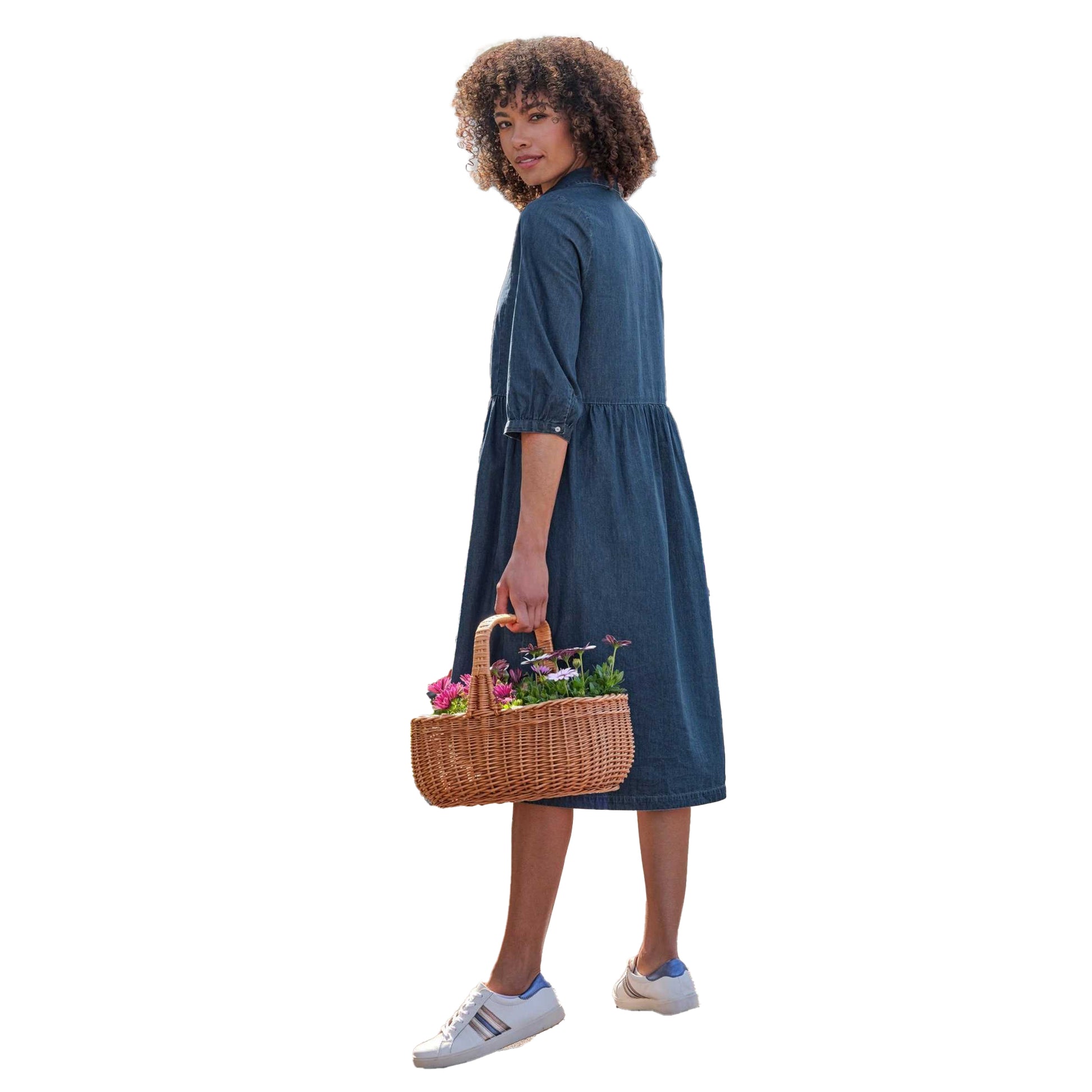Mid Denim - Back - WoolOvers Womens-Ladies Open Collar Midi Dress