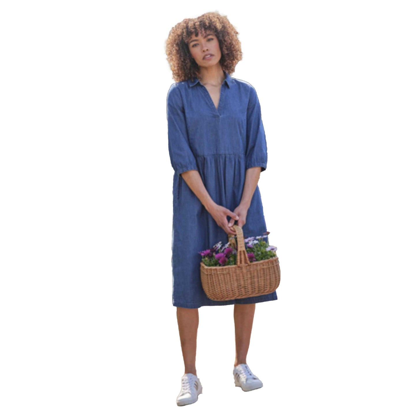 Mid Denim - Side - WoolOvers Womens-Ladies Open Collar Midi Dress