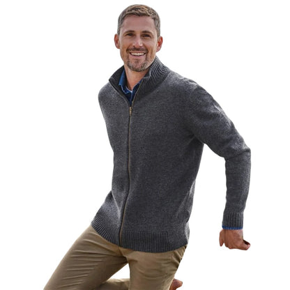 Charcoal - Front - WoolOvers Mens Lincoln Lambswool Full Zip Cardigan