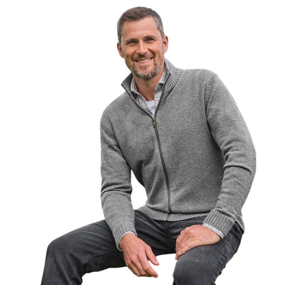 Grey Marl - Front - WoolOvers Mens Lincoln Lambswool Full Zip Cardigan