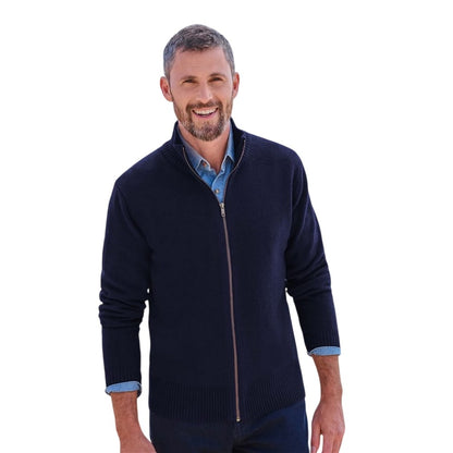 Navy - Front - WoolOvers Mens Lincoln Lambswool Full Zip Cardigan