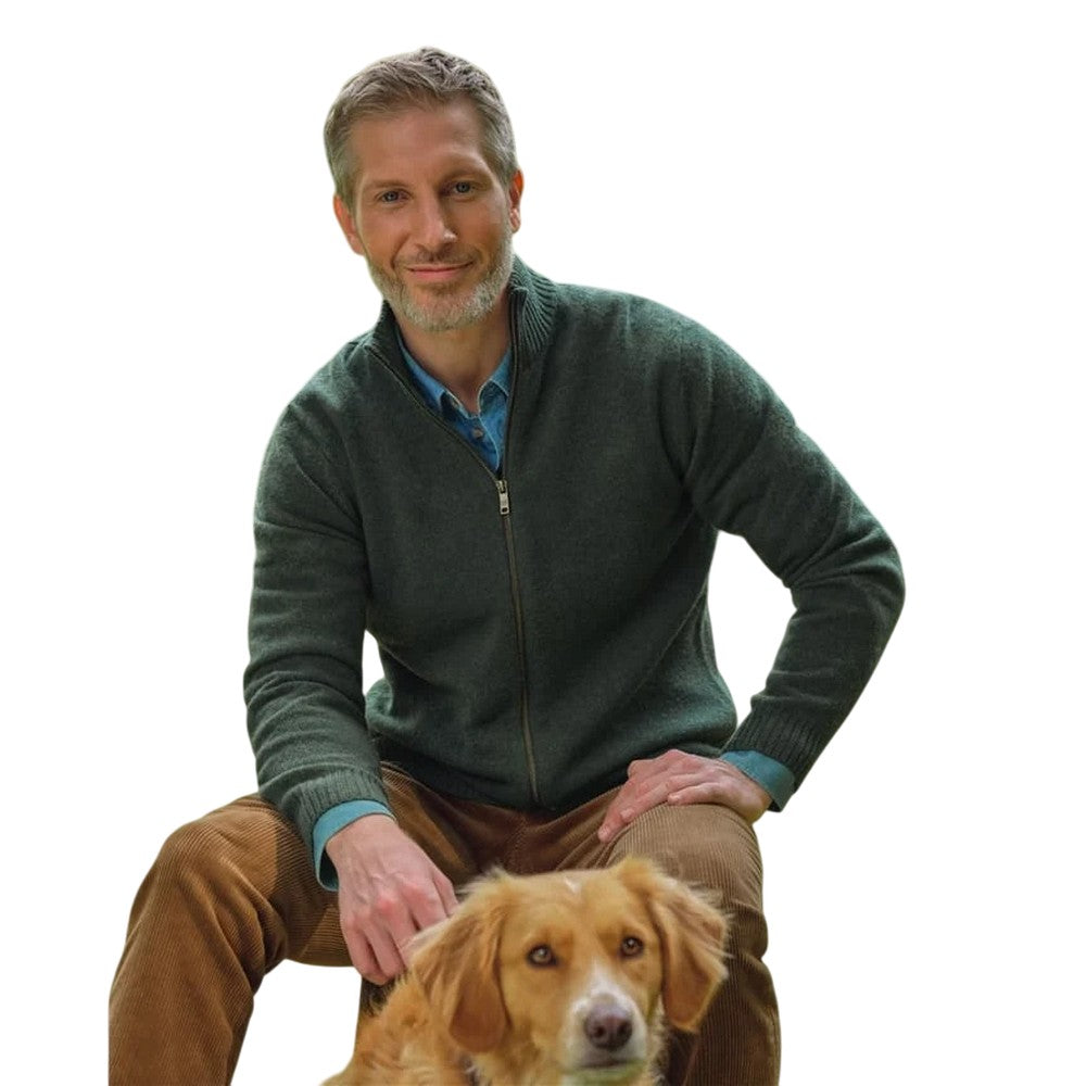 Pine - Front - WoolOvers Mens Lincoln Lambswool Full Zip Cardigan