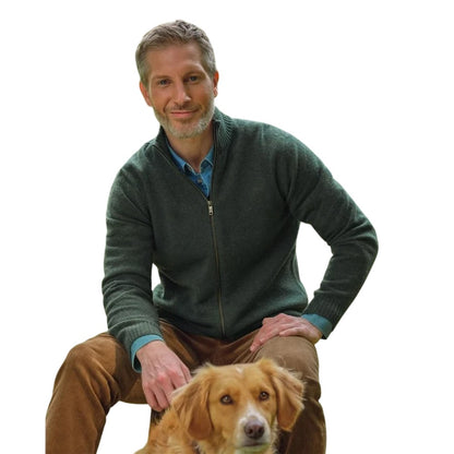 Pine - Front - WoolOvers Mens Lincoln Lambswool Full Zip Cardigan