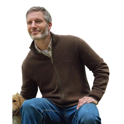 Brown - Front - WoolOvers Mens Lincoln Lambswool Full Zip Cardigan