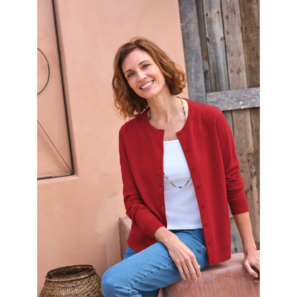 Cherry Red - Front - WoolOvers Womens-Ladies Plain Cashmere Crew Neck Classic Cardigan