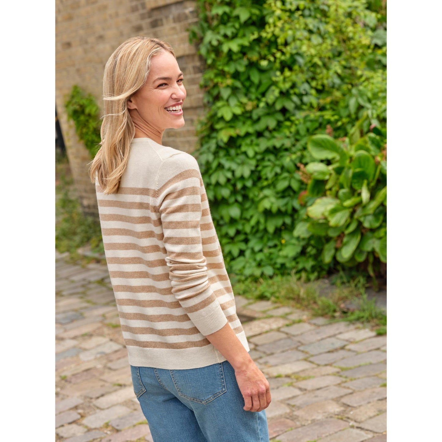 Cream-Camel - Front - WoolOvers Womens-Ladies Plain Cashmere Crew Neck Classic Cardigan