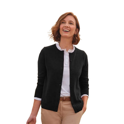 Black - Front - WoolOvers Womens-Ladies Plain Cashmere Crew Neck Classic Cardigan
