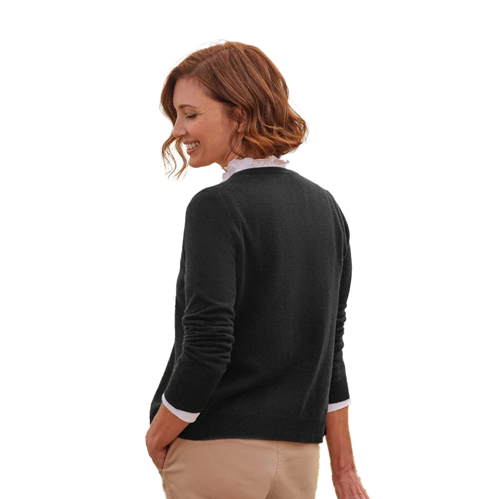 Black - Back - WoolOvers Womens-Ladies Plain Cashmere Crew Neck Classic Cardigan