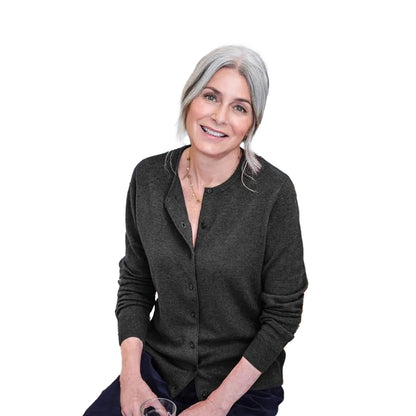 Dark Charcoal - Front - WoolOvers Womens-Ladies Plain Cashmere Crew Neck Classic Cardigan