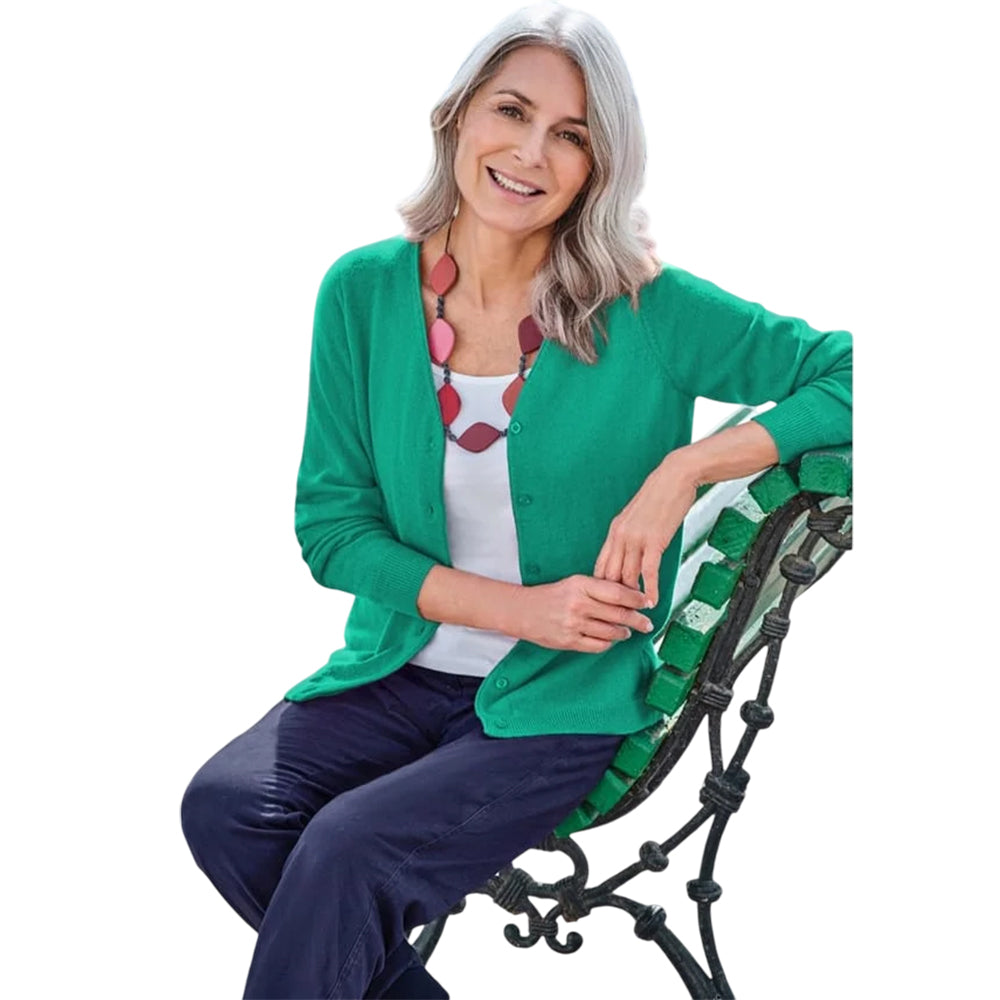 Bright Emerald - Front - WoolOvers Womens-Ladies Plain Cashmere Crew Neck Classic Cardigan