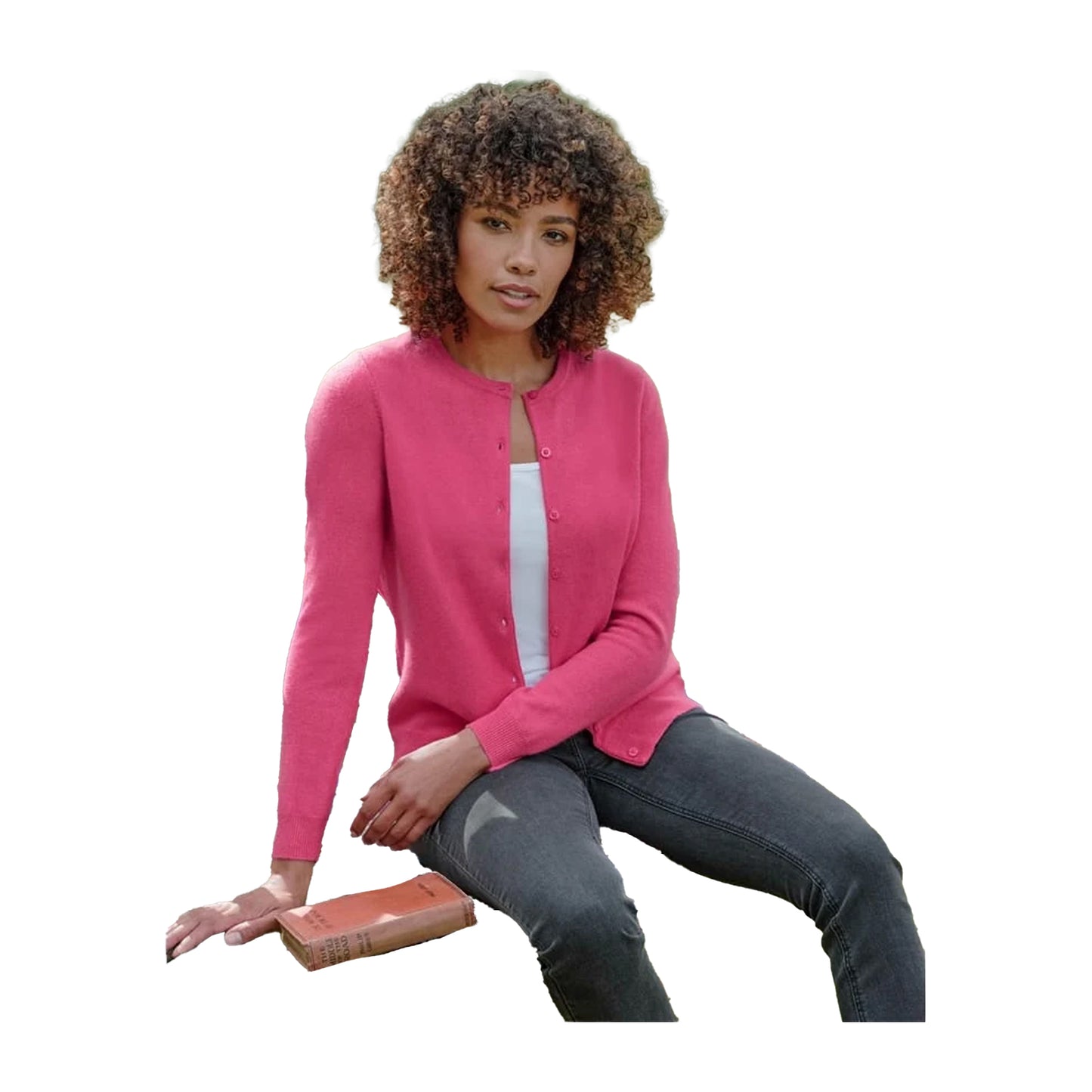 Bright Pink - Front - WoolOvers Womens-Ladies Plain Cashmere Crew Neck Classic Cardigan