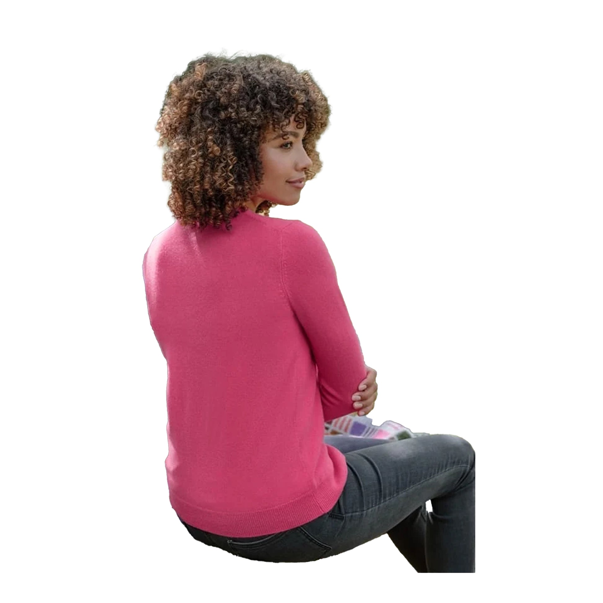 Bright Pink - Back - WoolOvers Womens-Ladies Plain Cashmere Crew Neck Classic Cardigan