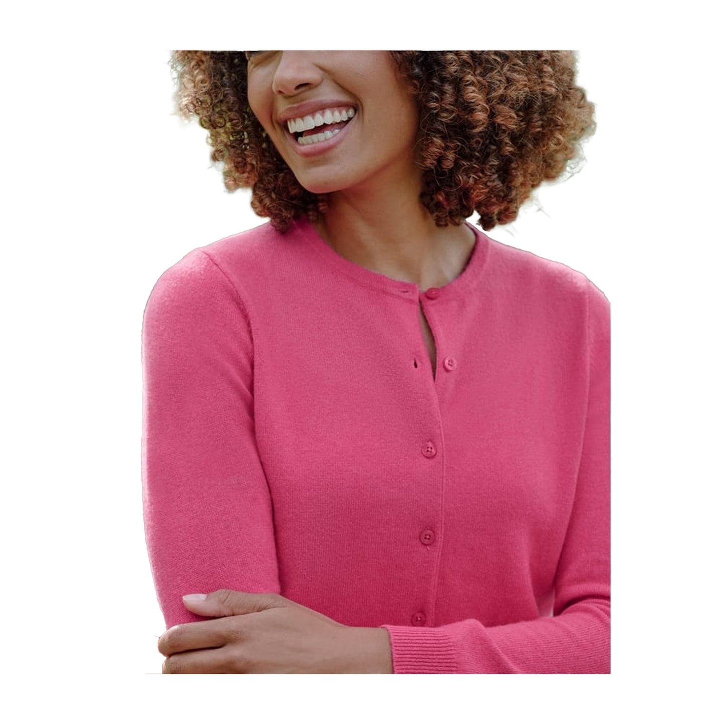 Bright Pink - Side - WoolOvers Womens-Ladies Plain Cashmere Crew Neck Classic Cardigan