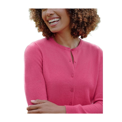 Bright Pink - Side - WoolOvers Womens-Ladies Plain Cashmere Crew Neck Classic Cardigan