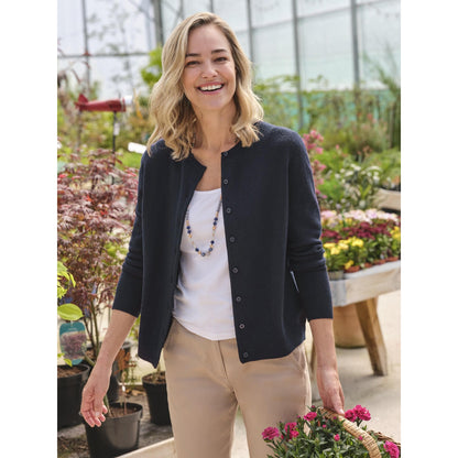 Navy - Front - WoolOvers Womens-Ladies Plain Cashmere Crew Neck Classic Cardigan