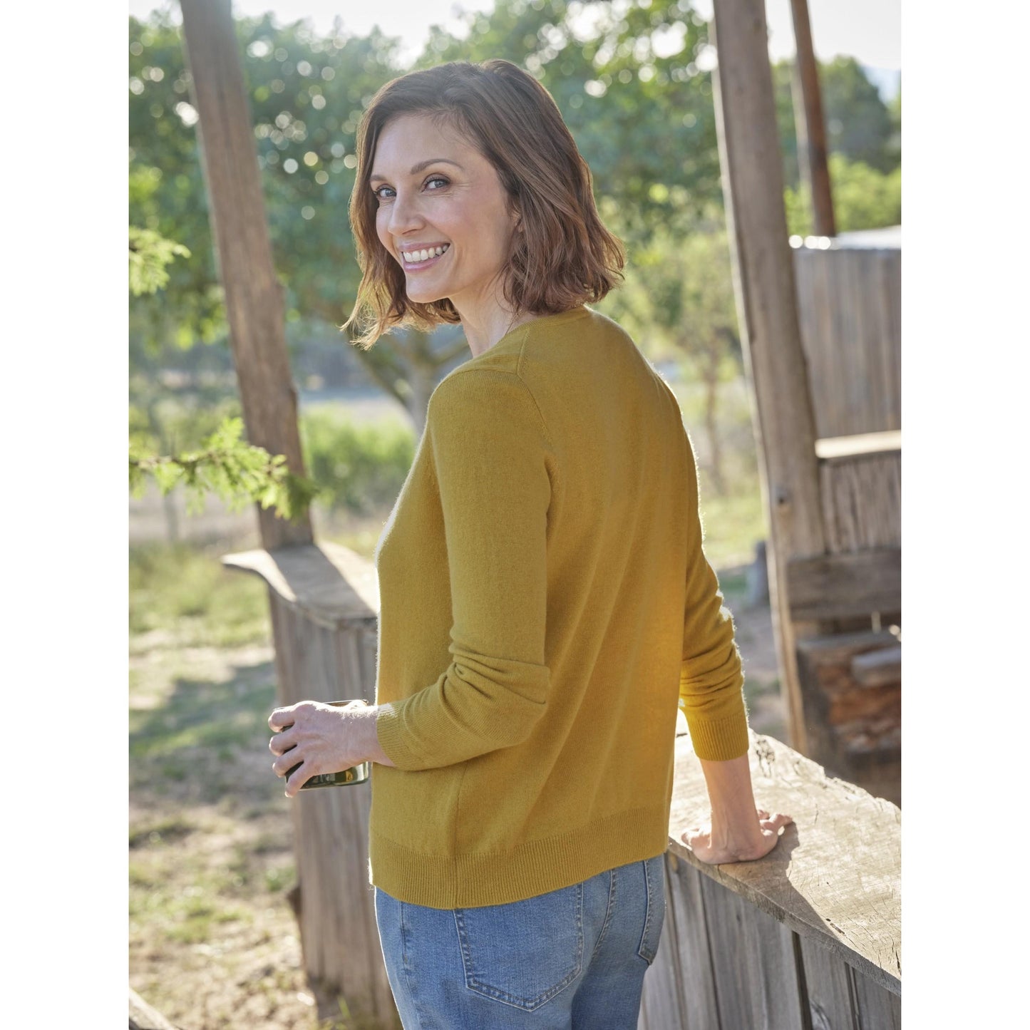 Honey - Front - WoolOvers Womens-Ladies Plain Cashmere Crew Neck Classic Cardigan