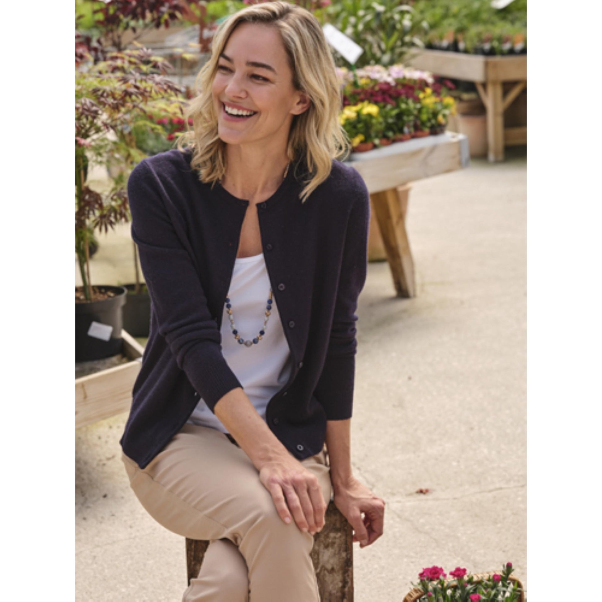 Navy - Back - WoolOvers Womens-Ladies Plain Cashmere Crew Neck Classic Cardigan