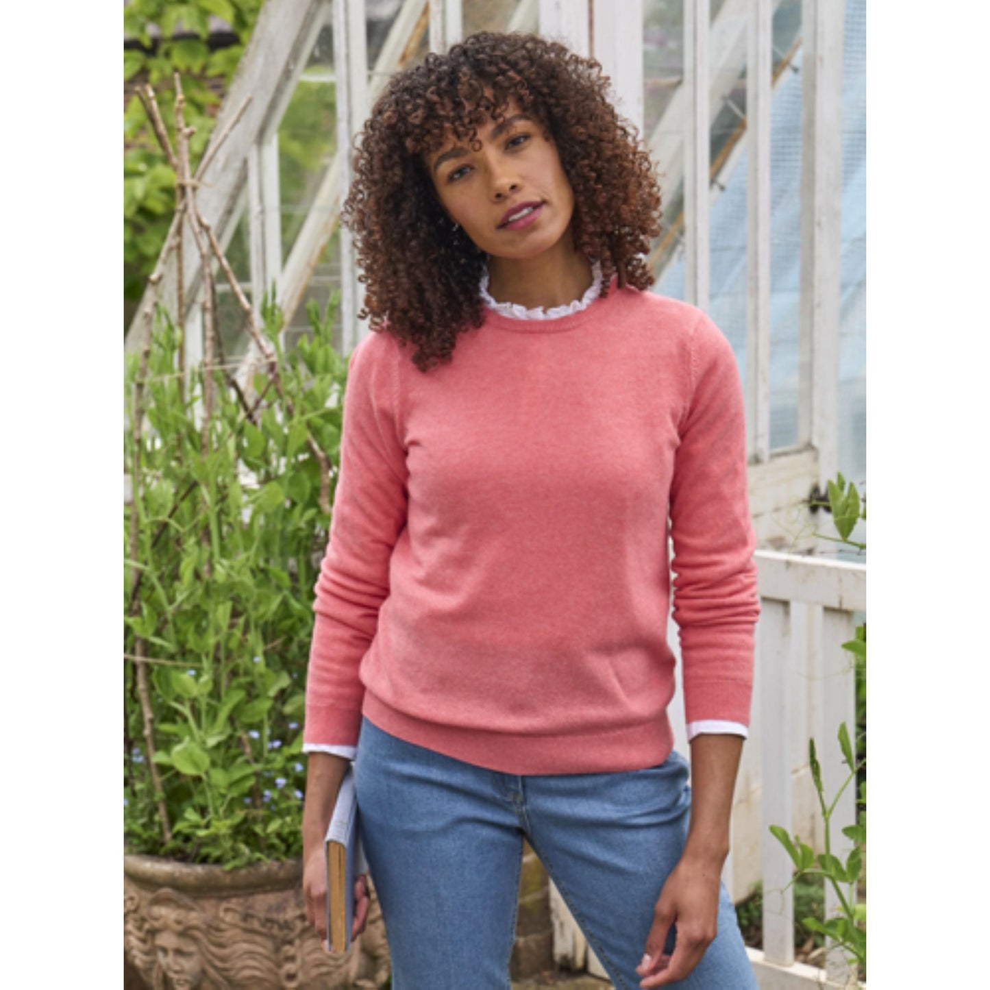 Coral Pink - Front - WoolOvers Womens-Ladies Cashmere Crew Neck Jumper