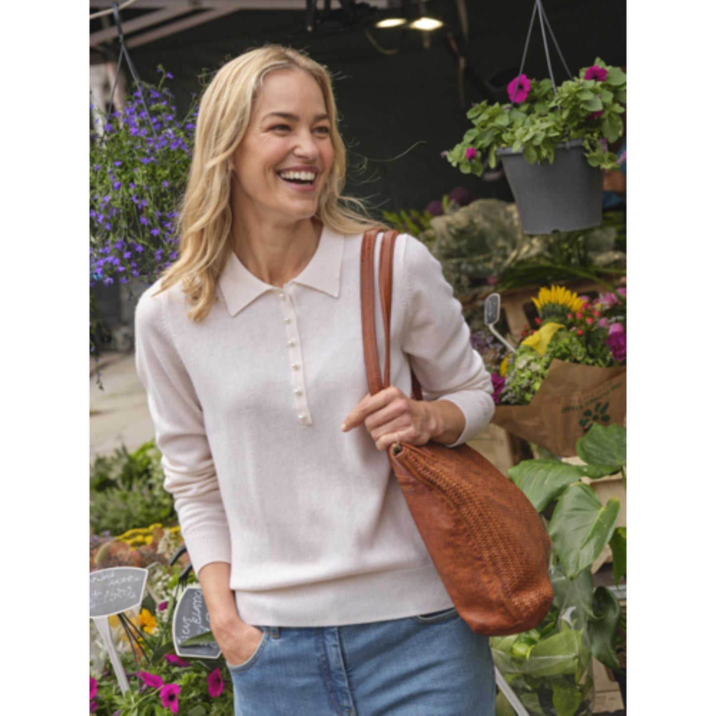 Cream - Front - WoolOvers Womens-Ladies Cashmere Knitted Polo Shirt