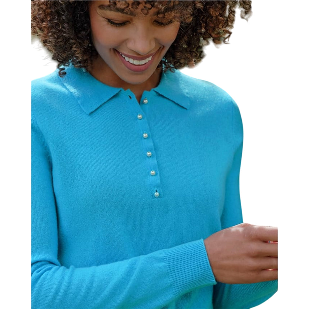 Sea Turquoise - Side - WoolOvers Womens-Ladies Cashmere Knitted Polo Shirt