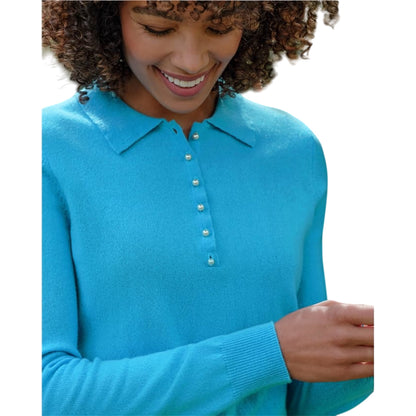 Sea Turquoise - Side - WoolOvers Womens-Ladies Cashmere Knitted Polo Shirt
