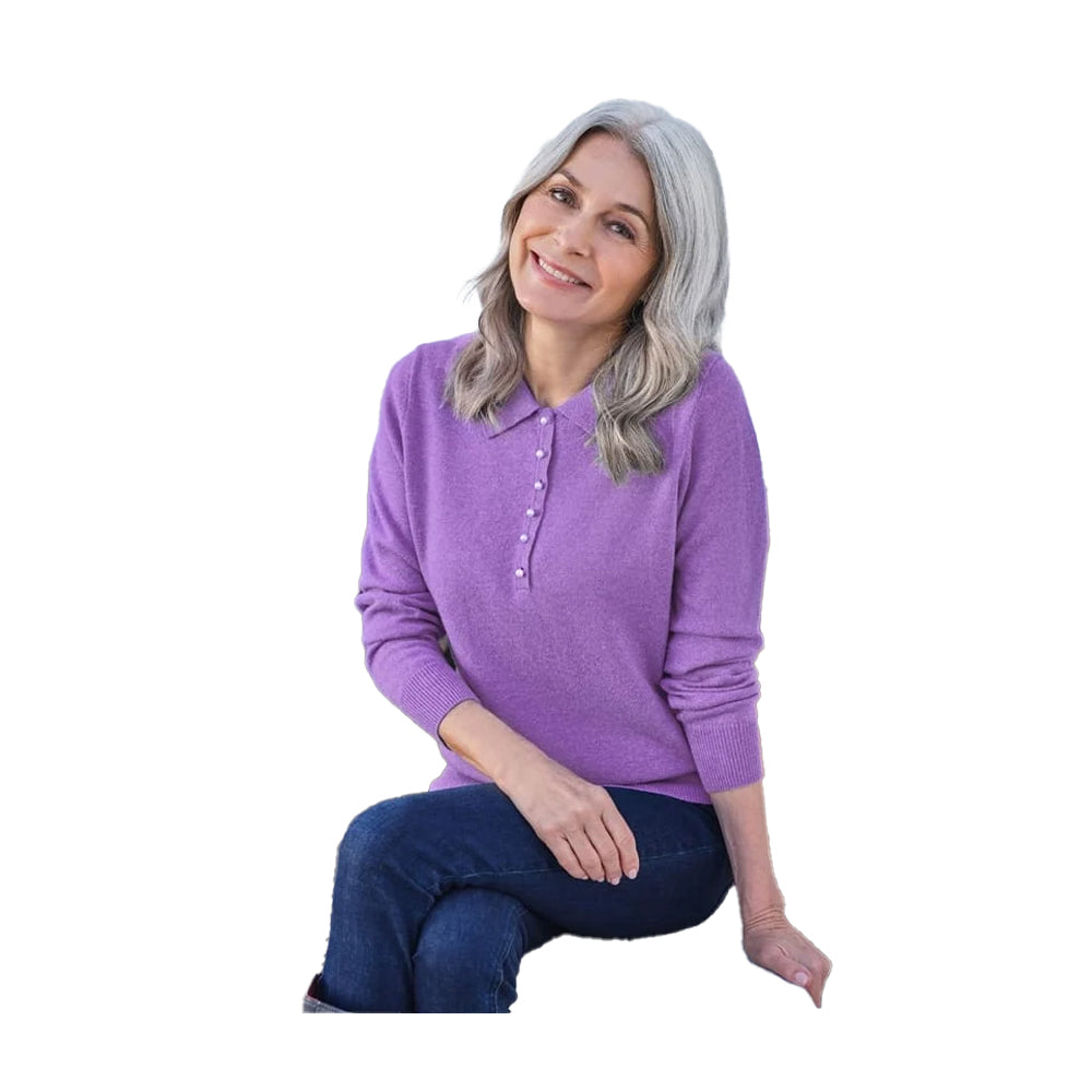 Allium Purple - Front - WoolOvers Womens-Ladies Cashmere Knitted Polo Shirt