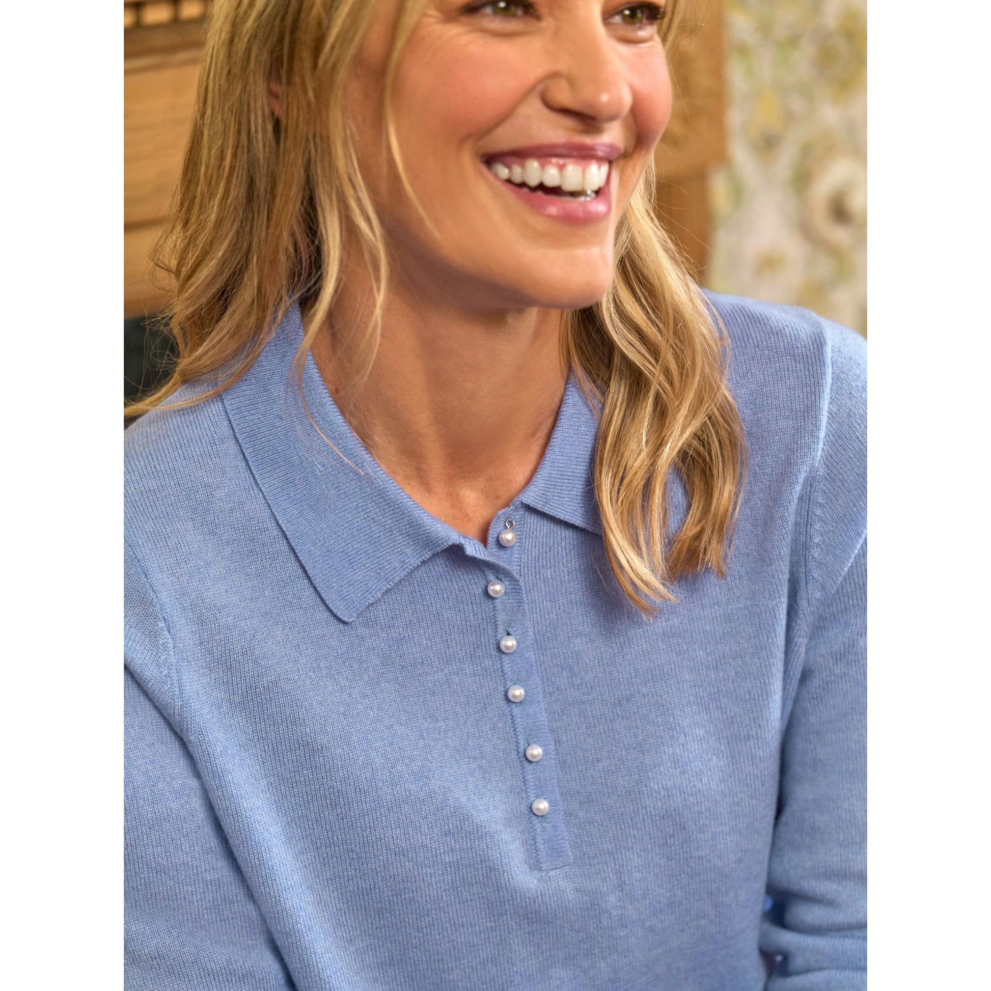 Periwinkle Blue - Side - WoolOvers Womens-Ladies Cashmere Knitted Polo Shirt