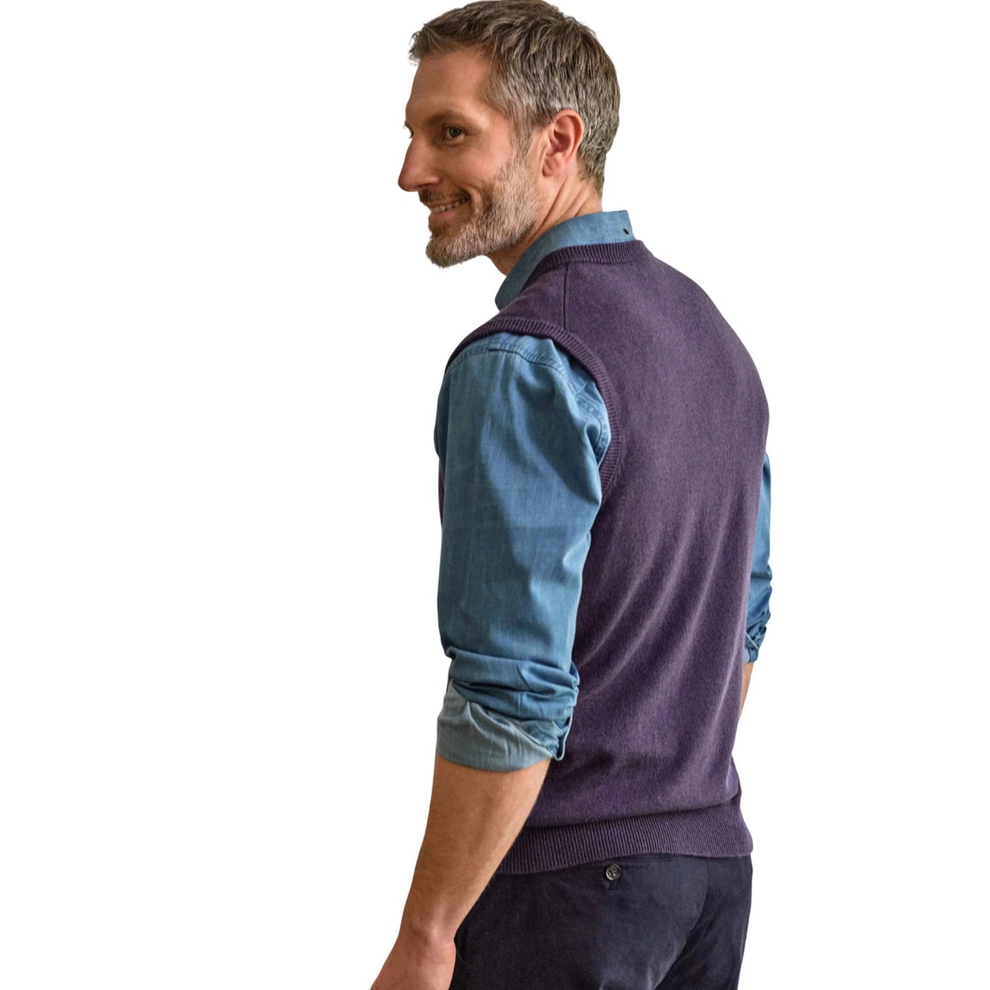 Purple - Back - WoolOvers Mens Cashmere Sweater Vest