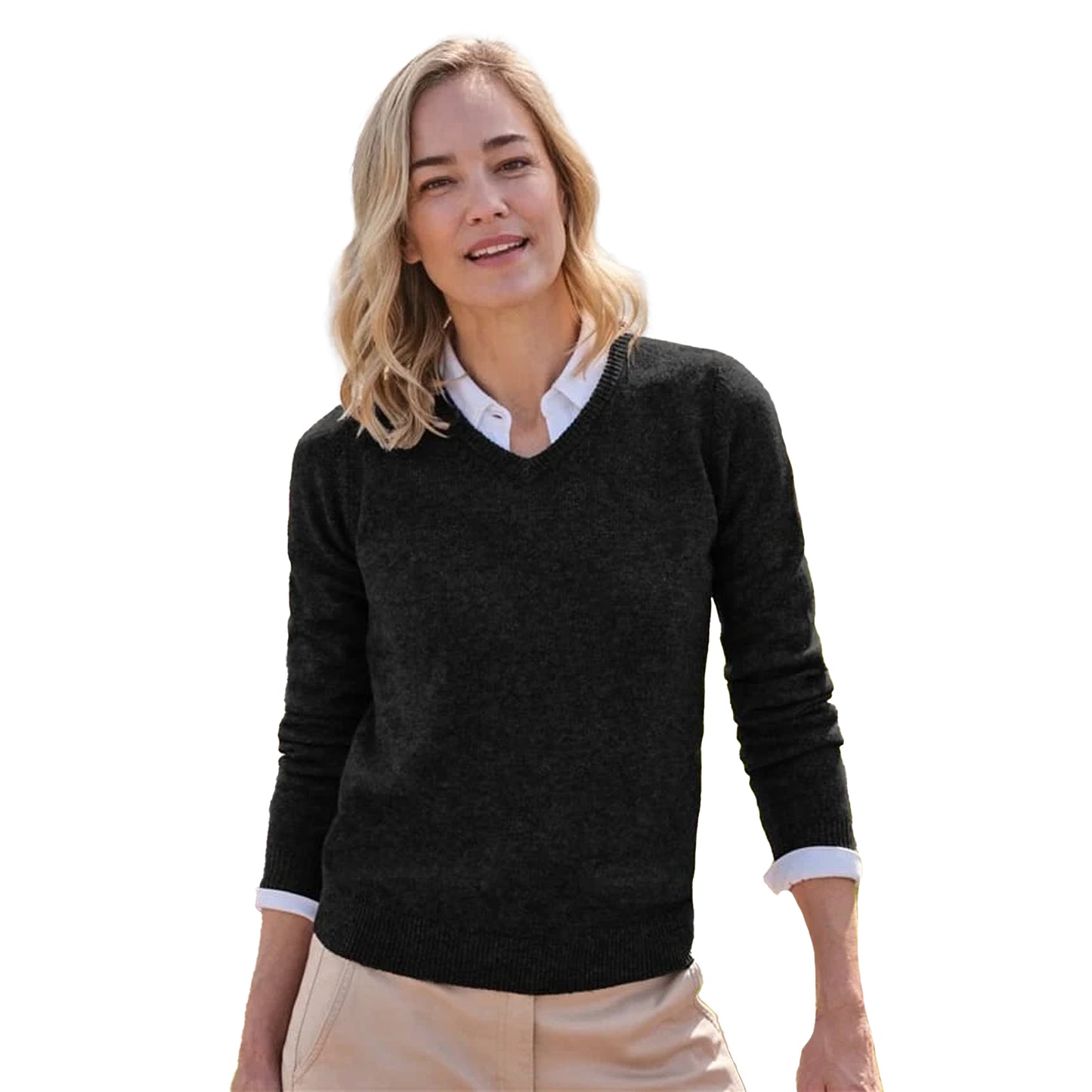 Black - Front - WoolOvers Womens-Ladies Classic Lambswool V Neck Jumper