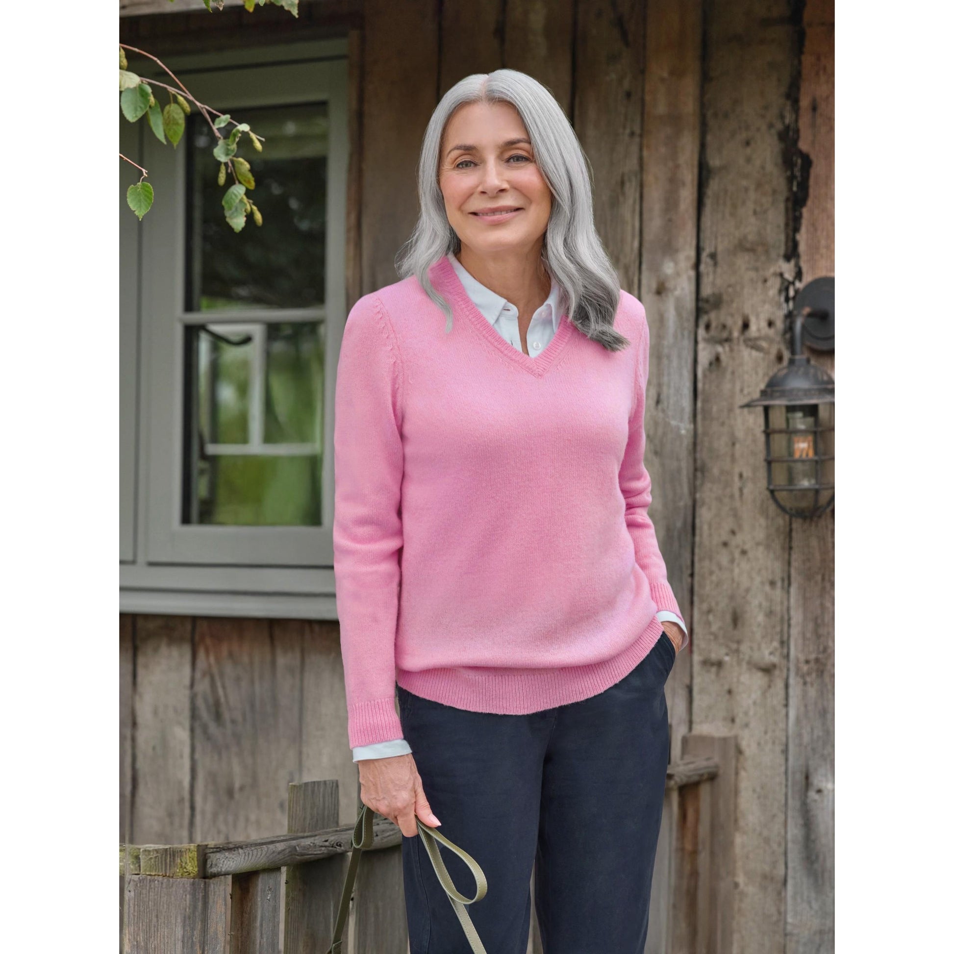 Rose Pink Marl - Front - WoolOvers Womens-Ladies Classic Lambswool V Neck Jumper