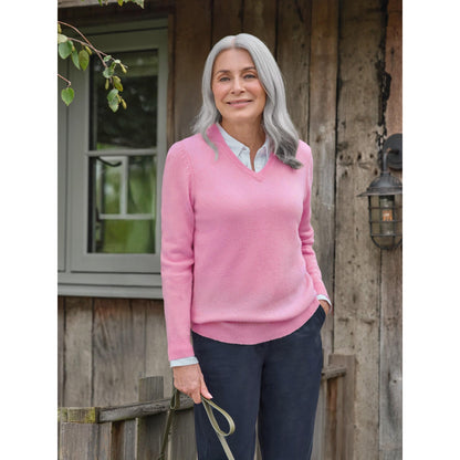Rose Pink Marl - Front - WoolOvers Womens-Ladies Classic Lambswool V Neck Jumper