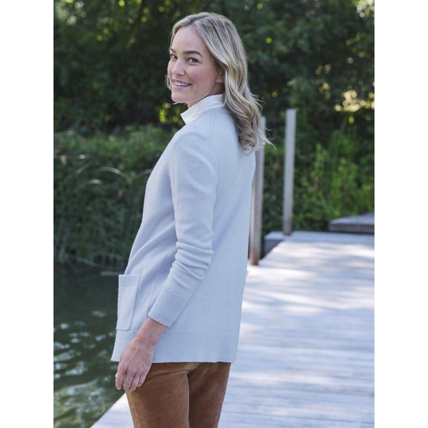 Frost Blue - Front - WoolOvers Womens-Ladies Lambswool Crew Neck Cardigan