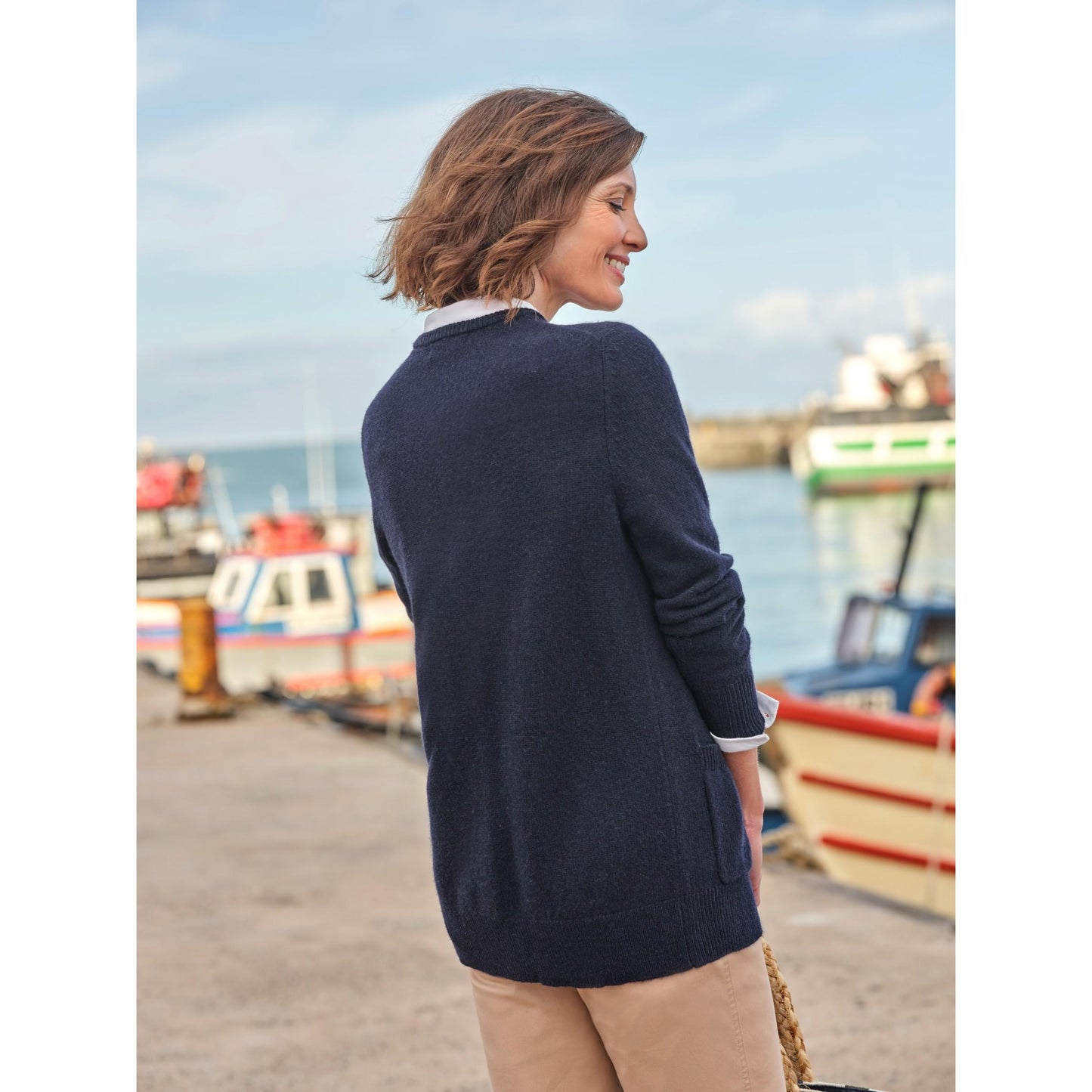Navy - Back - WoolOvers Womens-Ladies Lambswool Crew Neck Cardigan