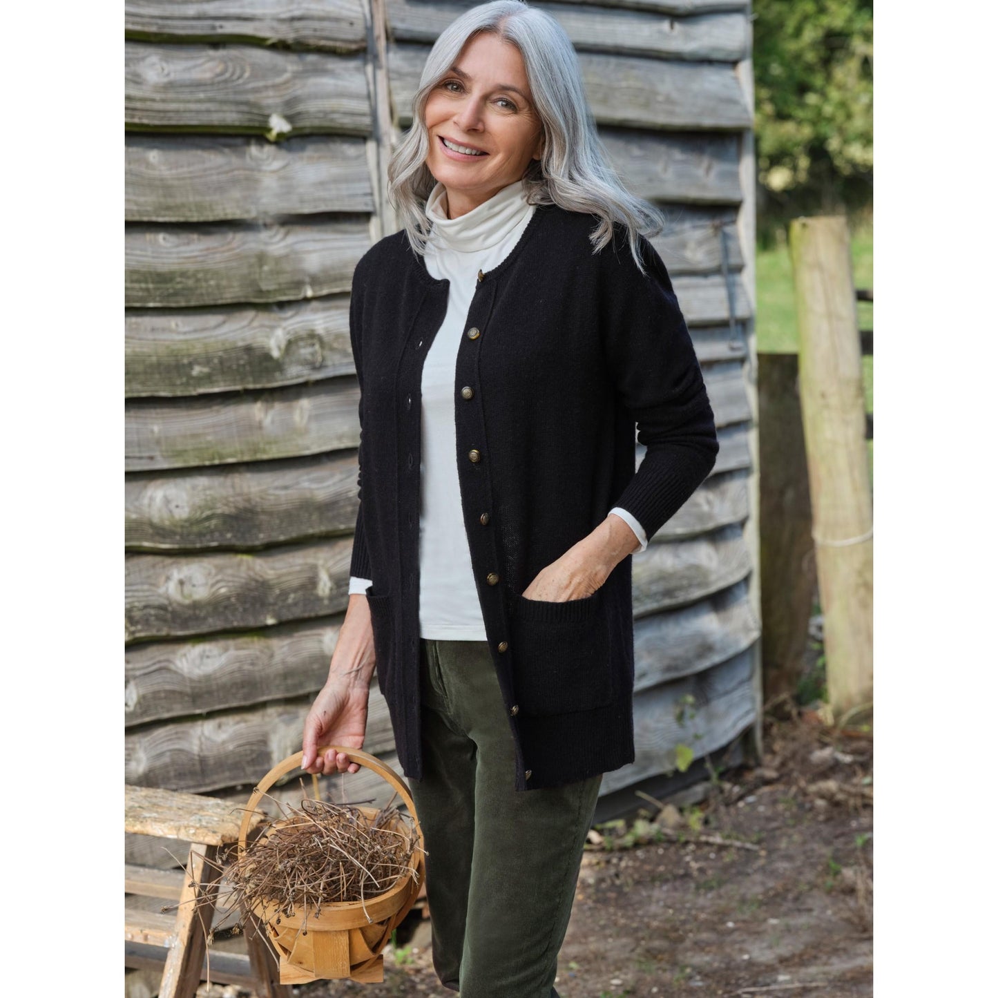 Black - Front - WoolOvers Womens-Ladies Lambswool Crew Neck Cardigan