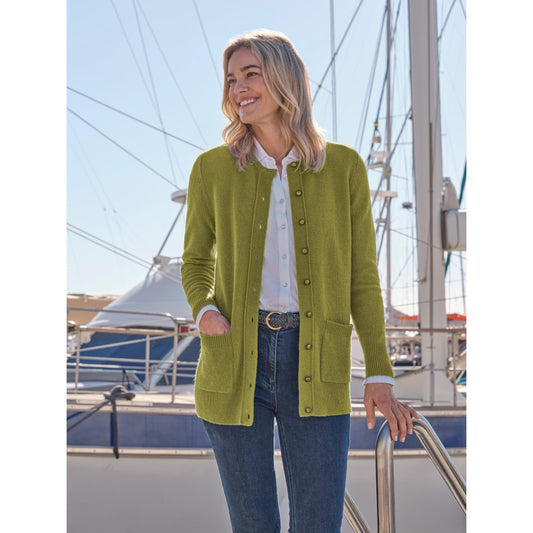 Bright Olive - Front - WoolOvers Womens-Ladies Lambswool Crew Neck Cardigan